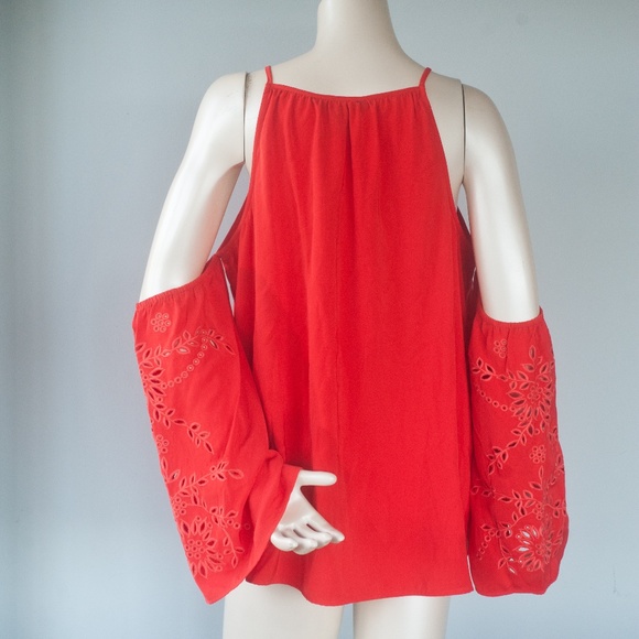 NWT Market & Spruce Red Orange Jaimy Cold Shoulder Embroidered Blouse - Picture 8 of 9